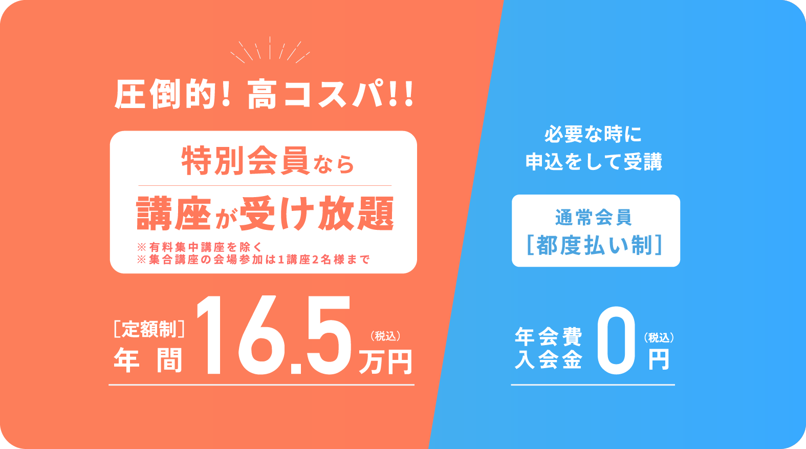 圧倒的！高コスパ！！特別会員なら口座がうけ放題、年間16.5万円｜必要な時に申込をして受講、通常会員都度払い制、年会費入会費0円
